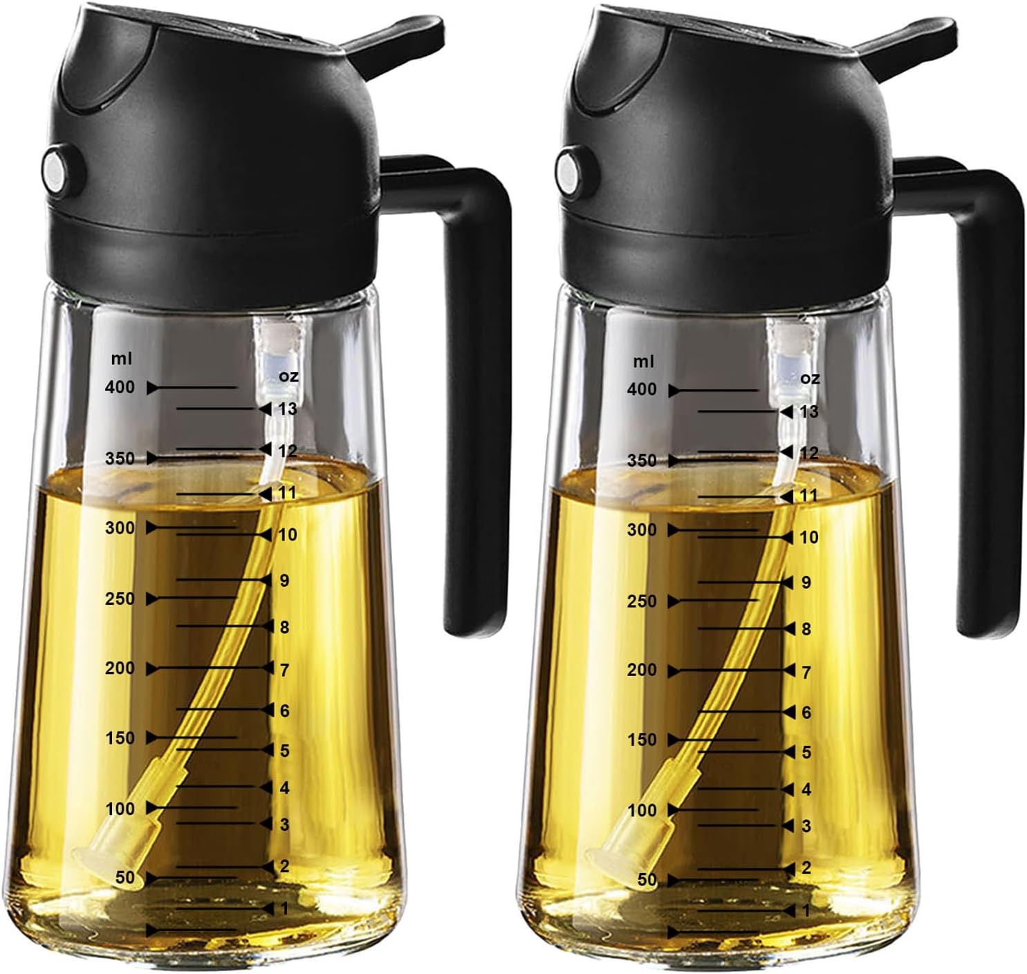 TrendPlain 16oz/470ml Glass Olive Oil Sprayer for Cooking – 2 in 1 Olive Oil Dispenser Bottle for Kitchen Gadgets and Air Fryer Accessories. Salad. BBQ - Black