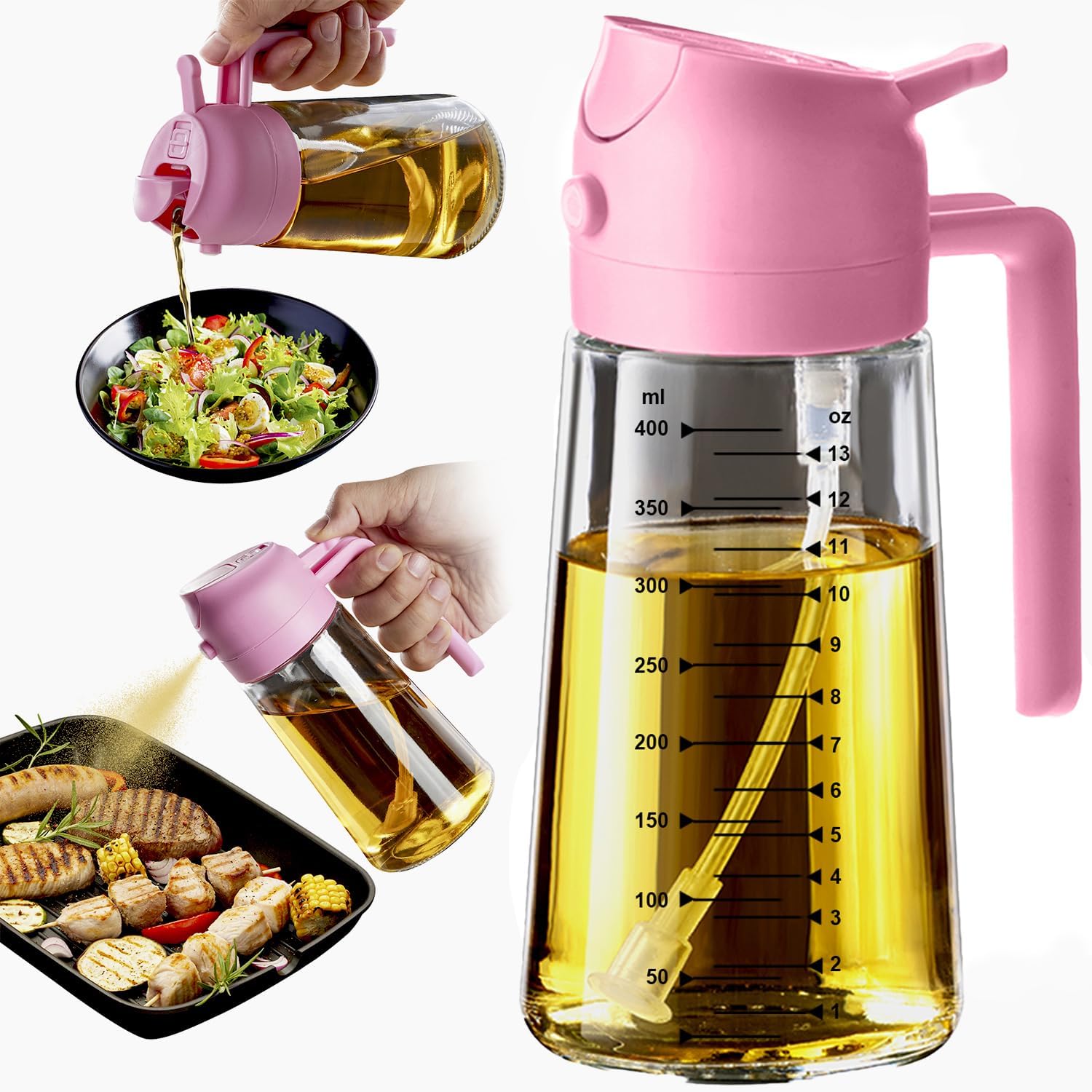 TrendPlain 16oz/470ml Glass Olive Oil Sprayer for Cooking – 2 in 1 Olive Oil Dispenser Bottle for Kitchen Gadgets and Air Fryer Accessories. Salad. BBQ - Black