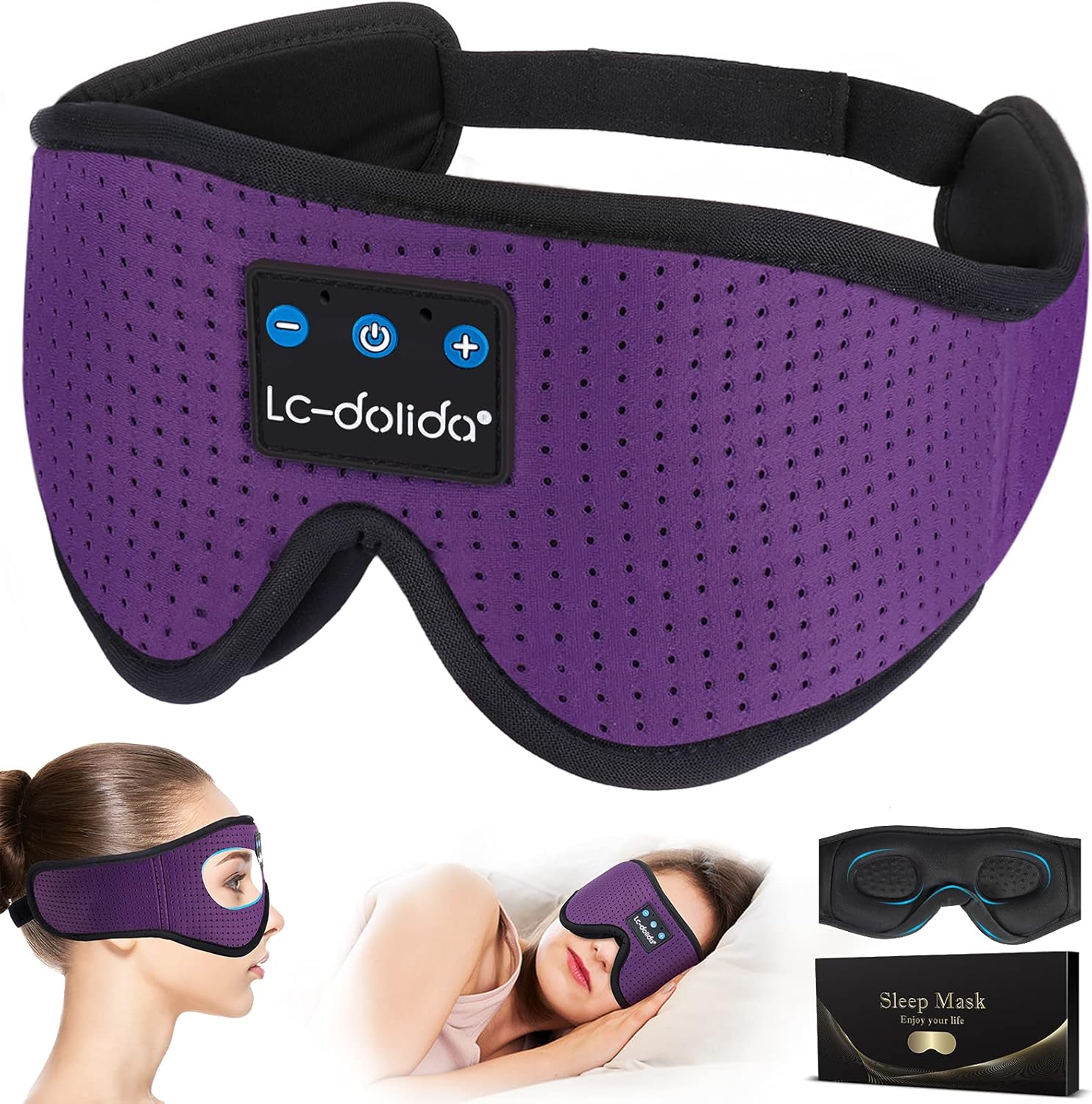 LC-dolida Sleep Headphones. 3D Sleep Mask Bluetooth Wireless Music Eye Mask. Sleeping Headphones for Side Sleepers Sleep Mask with Bluetooth Headphones Ultra-Thin Stereo Speakers Perfect for Sleeping