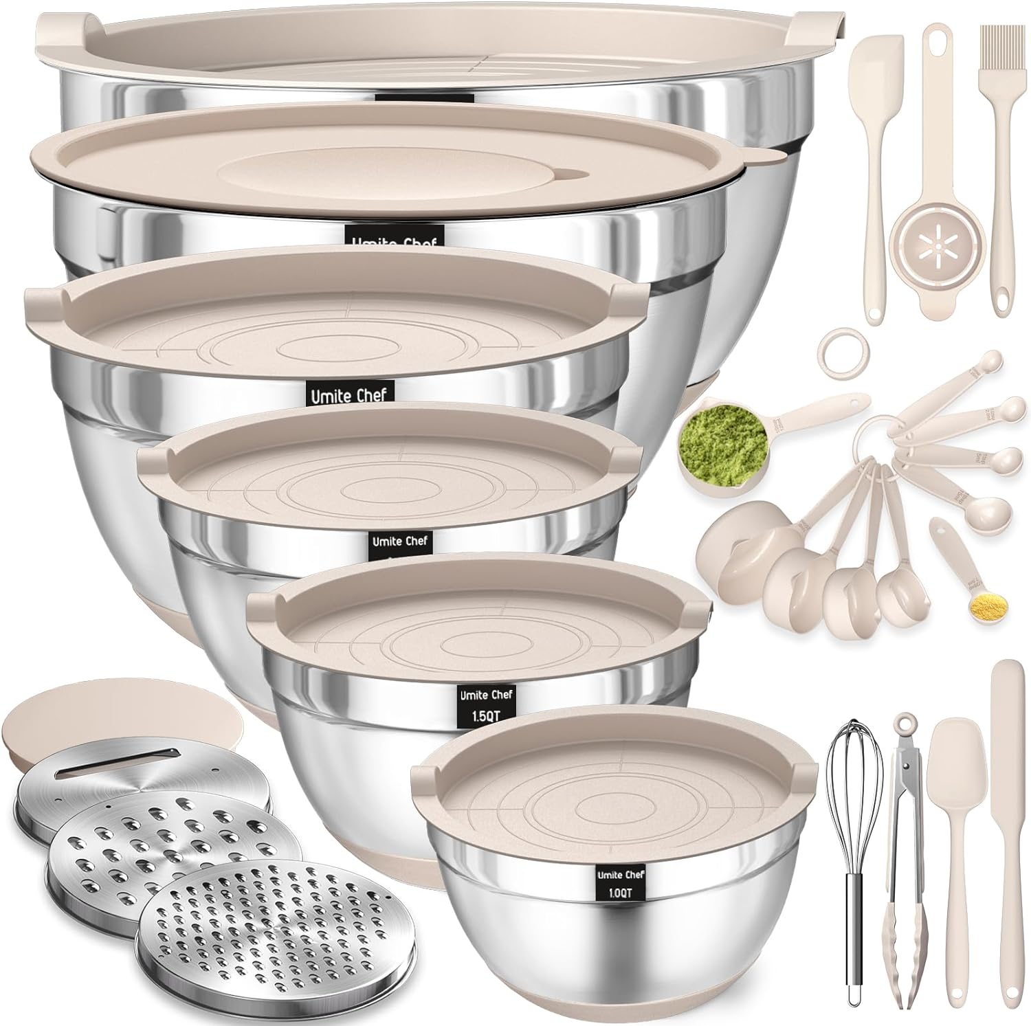 Mixing Bowls with Airtight Lids Set. 26PCS Stainless Steel Khaki Bowls with Grater Attachments. Non-Slip Bottoms & Kitchen Gadgets Set. Size 7. 4. 2.5. 2.0.1.5. 1QT. Great for Mixing & Serving