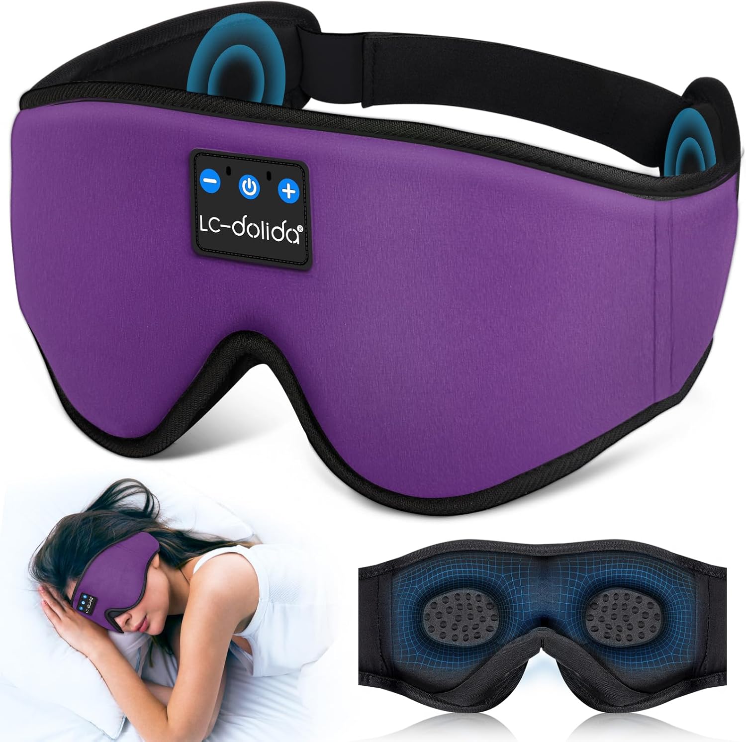 LC-dolida Sleep Headphones. 3D Sleep Mask Bluetooth Wireless Music Eye Mask. Sleeping Headphones for Side Sleepers Sleep Mask with Bluetooth Headphones Ultra-Thin Stereo Speakers Perfect for Sleeping