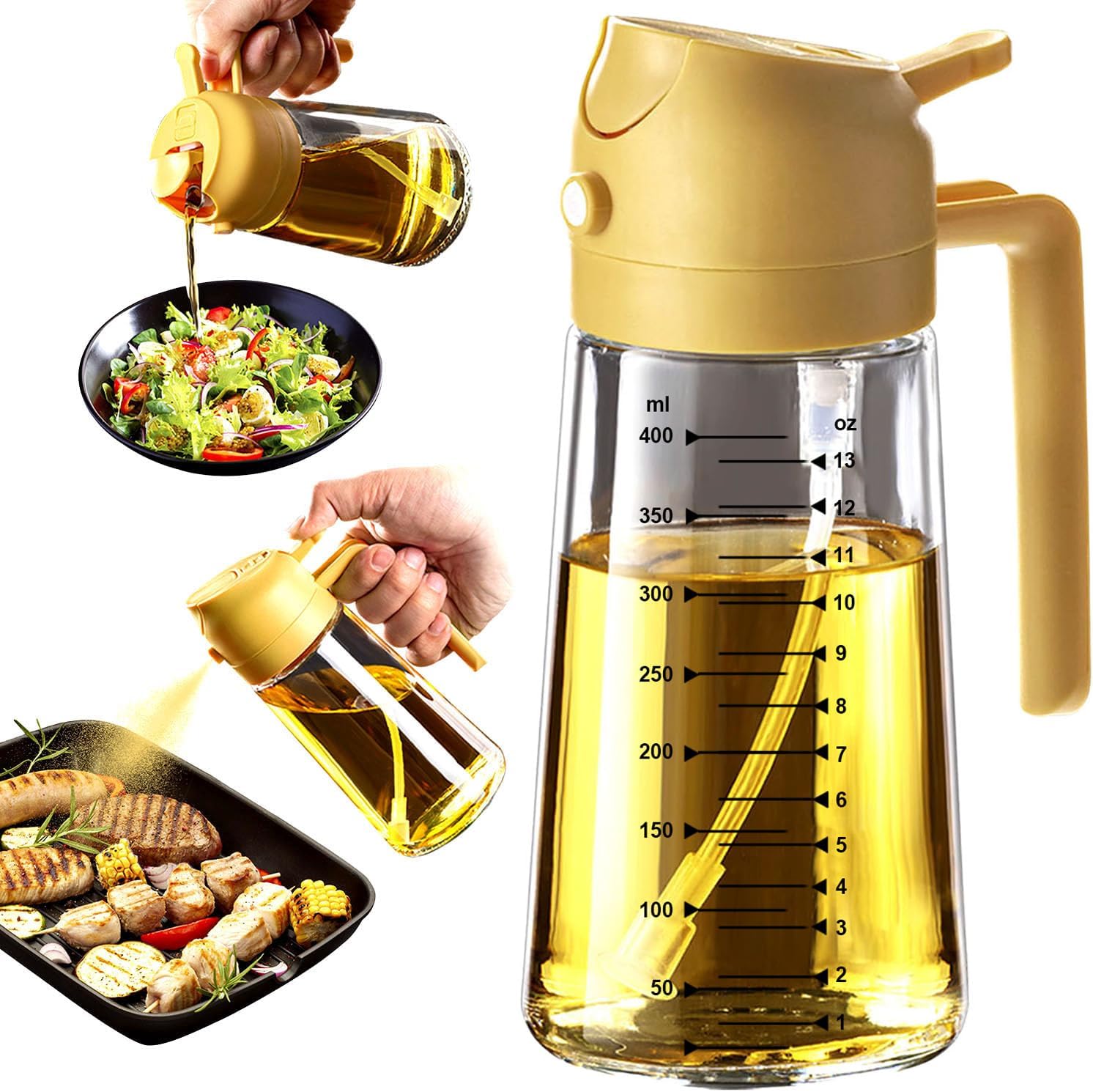 TrendPlain 16oz/470ml Glass Olive Oil Sprayer for Cooking – 2 in 1 Olive Oil Dispenser Bottle for Kitchen Gadgets and Air Fryer Accessories. Salad. BBQ - Black