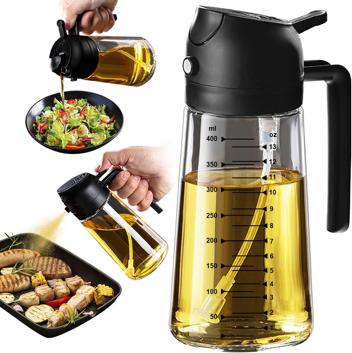 TrendPlain 16oz/470ml Glass Olive Oil Sprayer for Cooking – 2 in 1 Olive Oil Dispenser Bottle for Kitchen Gadgets and Air Fryer Accessories. Salad. BBQ - Black