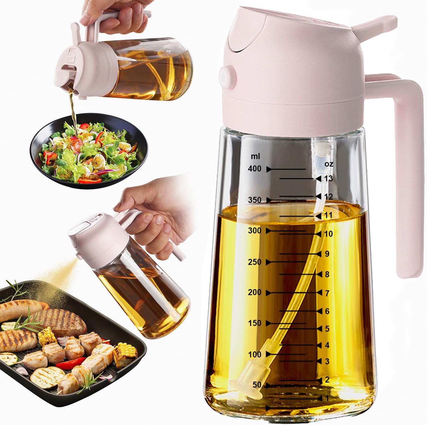 TrendPlain 16oz/470ml Glass Olive Oil Sprayer for Cooking – 2 in 1 Olive Oil Dispenser Bottle for Kitchen Gadgets and Air Fryer Accessories. Salad. BBQ - Black