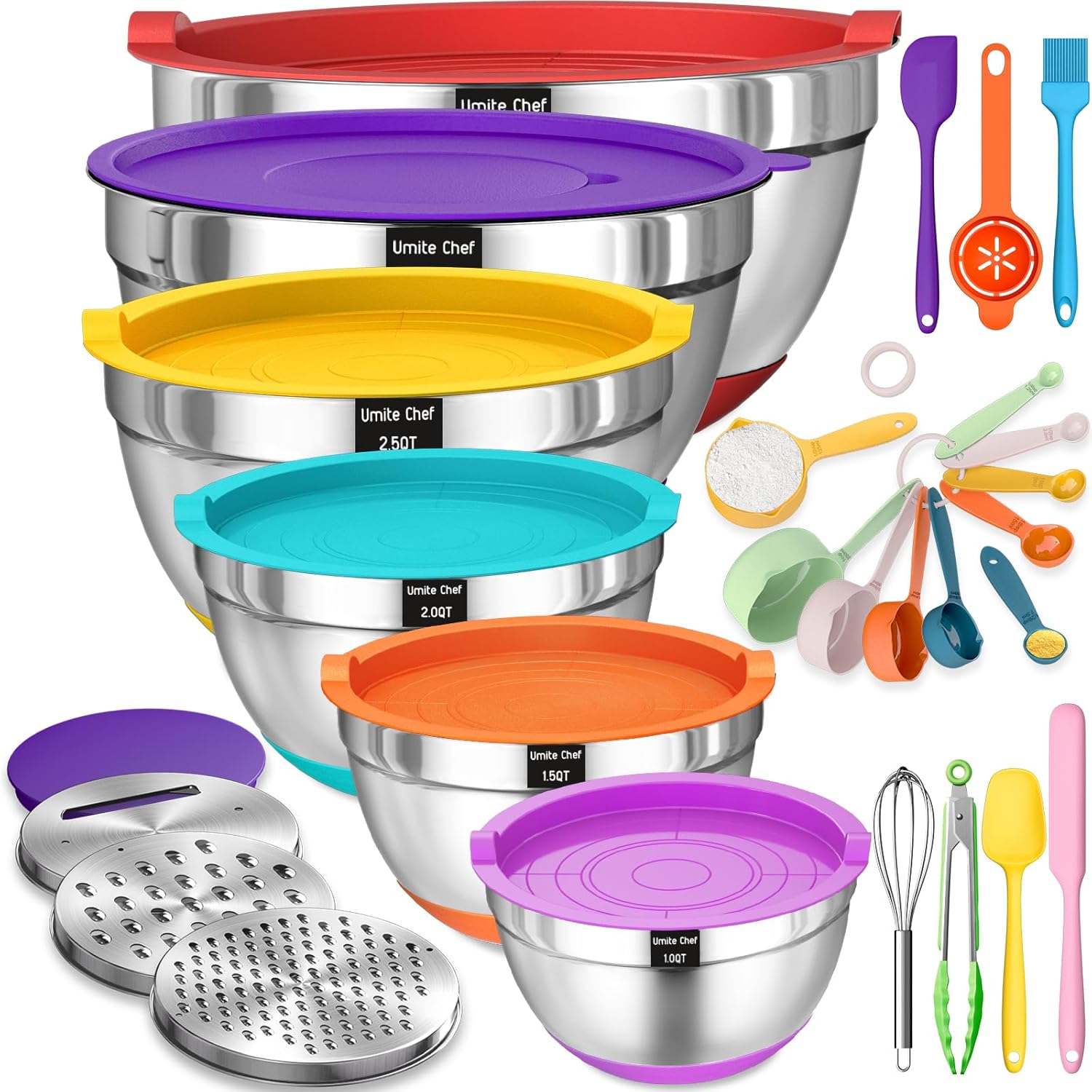 Mixing Bowls with Airtight Lids Set. 26PCS Stainless Steel Khaki Bowls with Grater Attachments. Non-Slip Bottoms & Kitchen Gadgets Set. Size 7. 4. 2.5. 2.0.1.5. 1QT. Great for Mixing & Serving