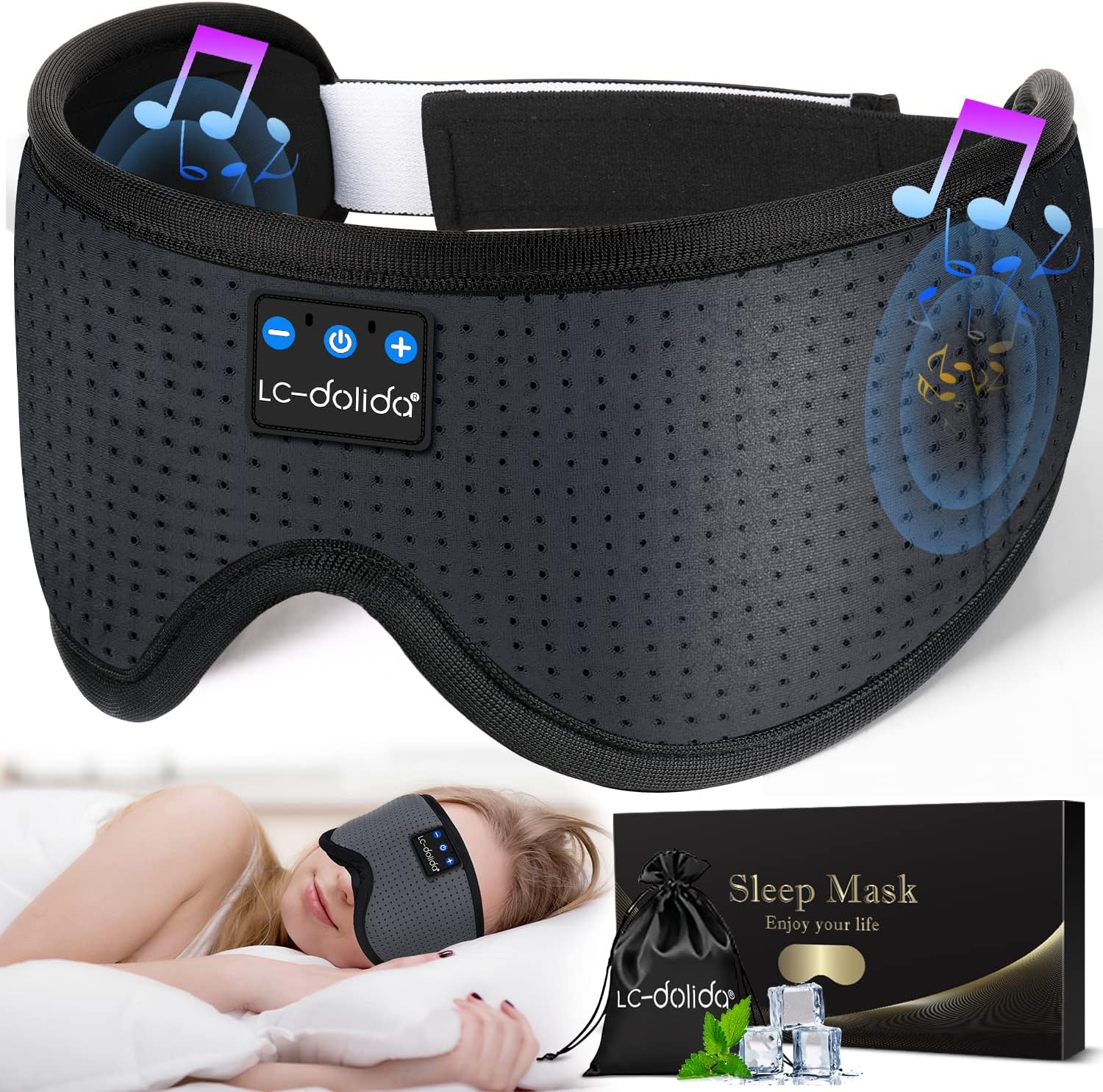 LC-dolida Sleep Headphones. 3D Sleep Mask Bluetooth Wireless Music Eye Mask. Sleeping Headphones for Side Sleepers Sleep Mask with Bluetooth Headphones Ultra-Thin Stereo Speakers Perfect for Sleeping