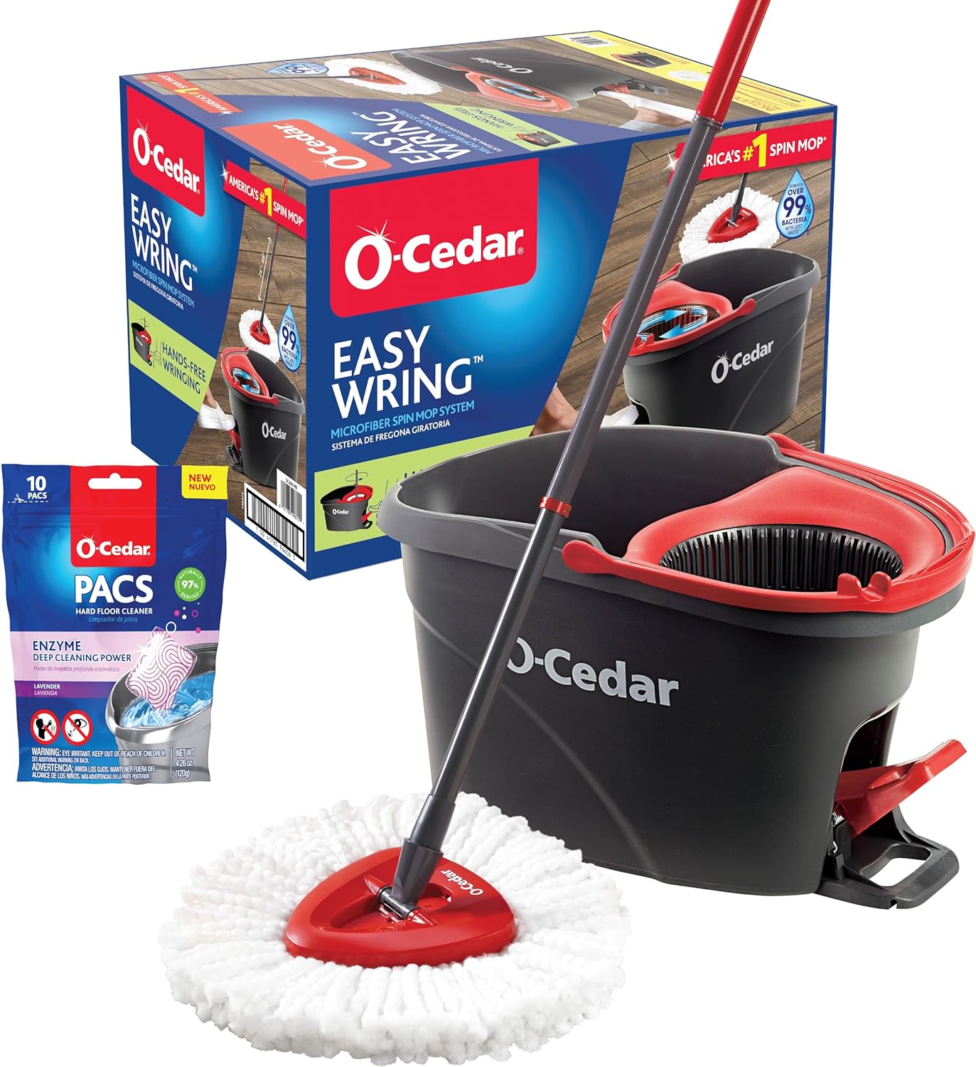 O-Cedar EasyWring Microfiber Spin Mop. Bucket Floor Cleaning System. Red. Gray. Standard