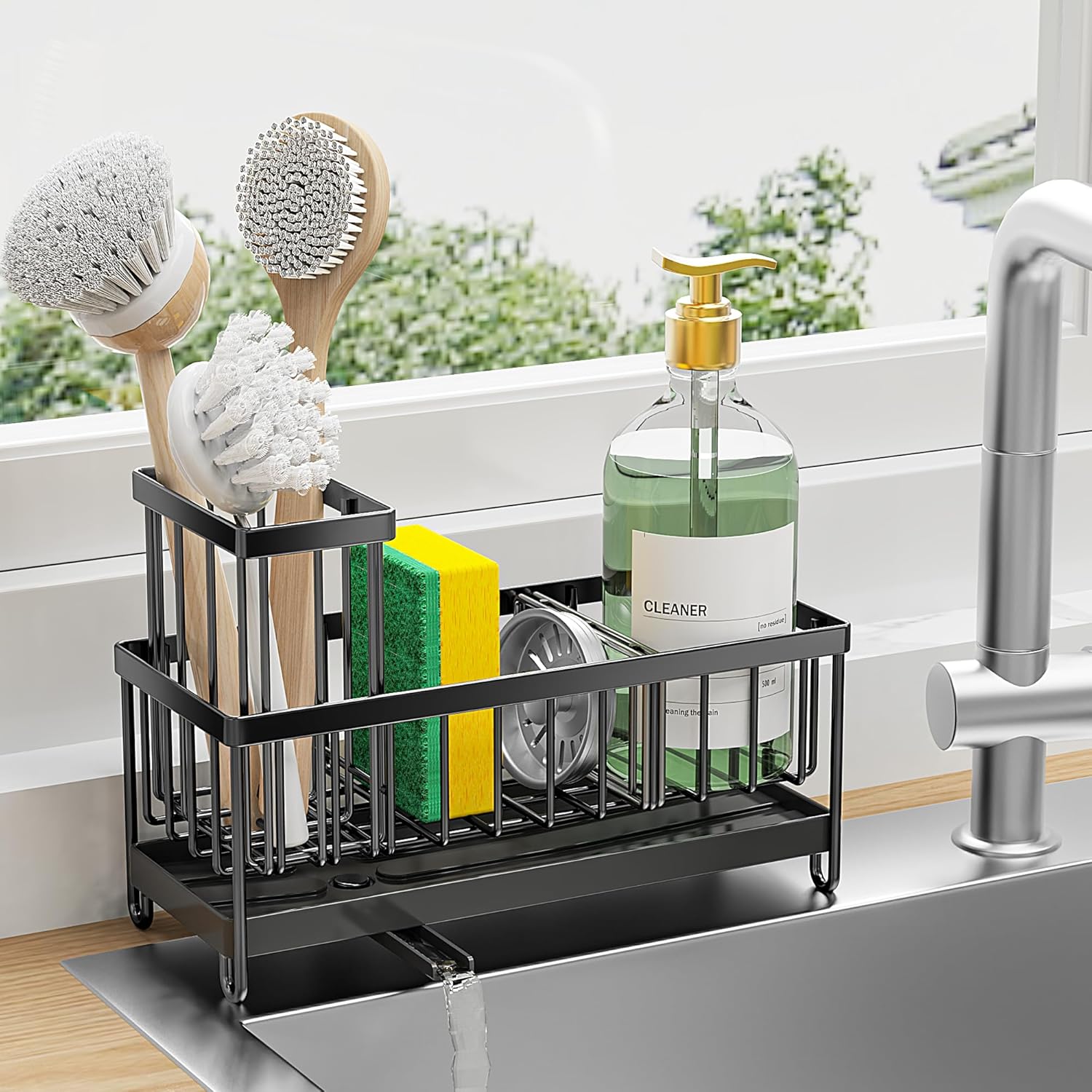 Cisily Black Sponge Holder for Kitchen Sink. Sink Caddy Organizer with High Brush Holder. Kitchen Countertop Organizers and Storage Essentials. Rustproof 304 Stainless Steel. Soap Dispenser Organize