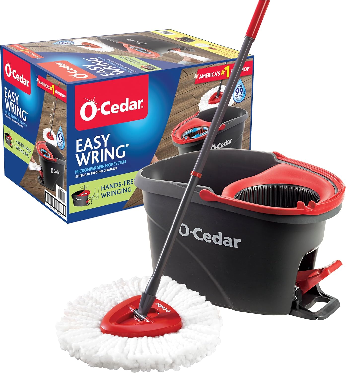 O-Cedar EasyWring Microfiber Spin Mop. Bucket Floor Cleaning System. Red. Gray. Standard