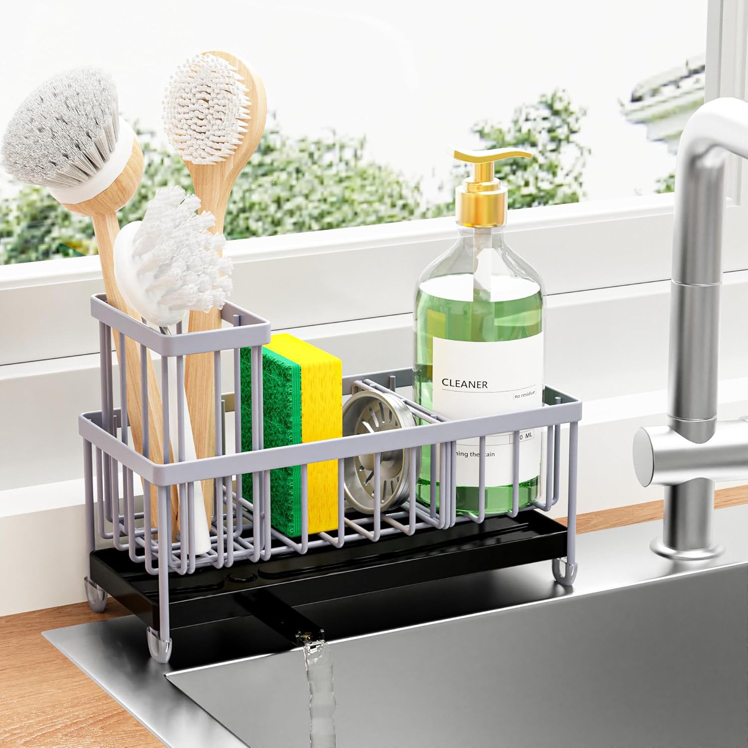 Cisily Black Sponge Holder for Kitchen Sink. Sink Caddy Organizer with High Brush Holder. Kitchen Countertop Organizers and Storage Essentials. Rustproof 304 Stainless Steel. Soap Dispenser Organize
