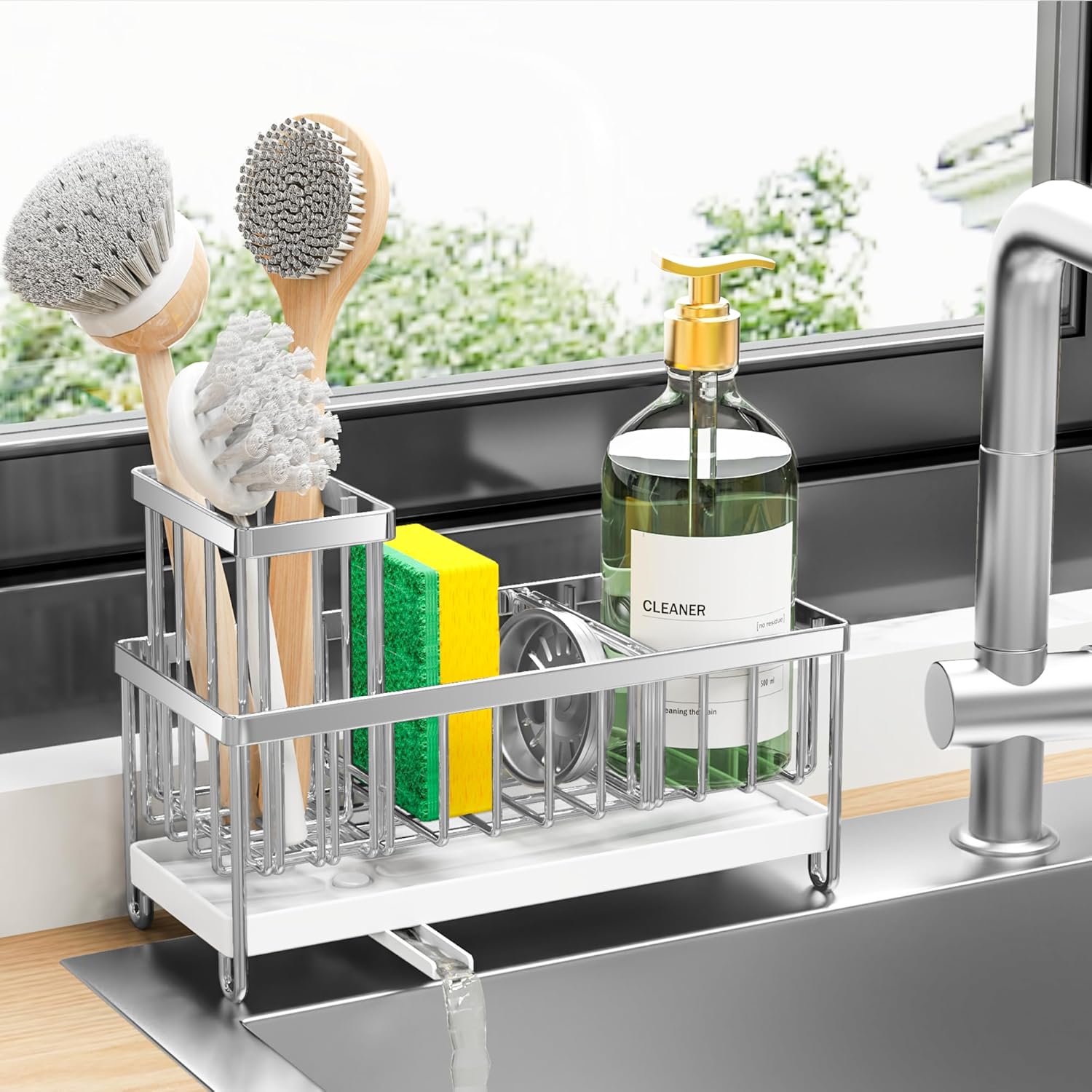 Cisily Black Sponge Holder for Kitchen Sink. Sink Caddy Organizer with High Brush Holder. Kitchen Countertop Organizers and Storage Essentials. Rustproof 304 Stainless Steel. Soap Dispenser Organize