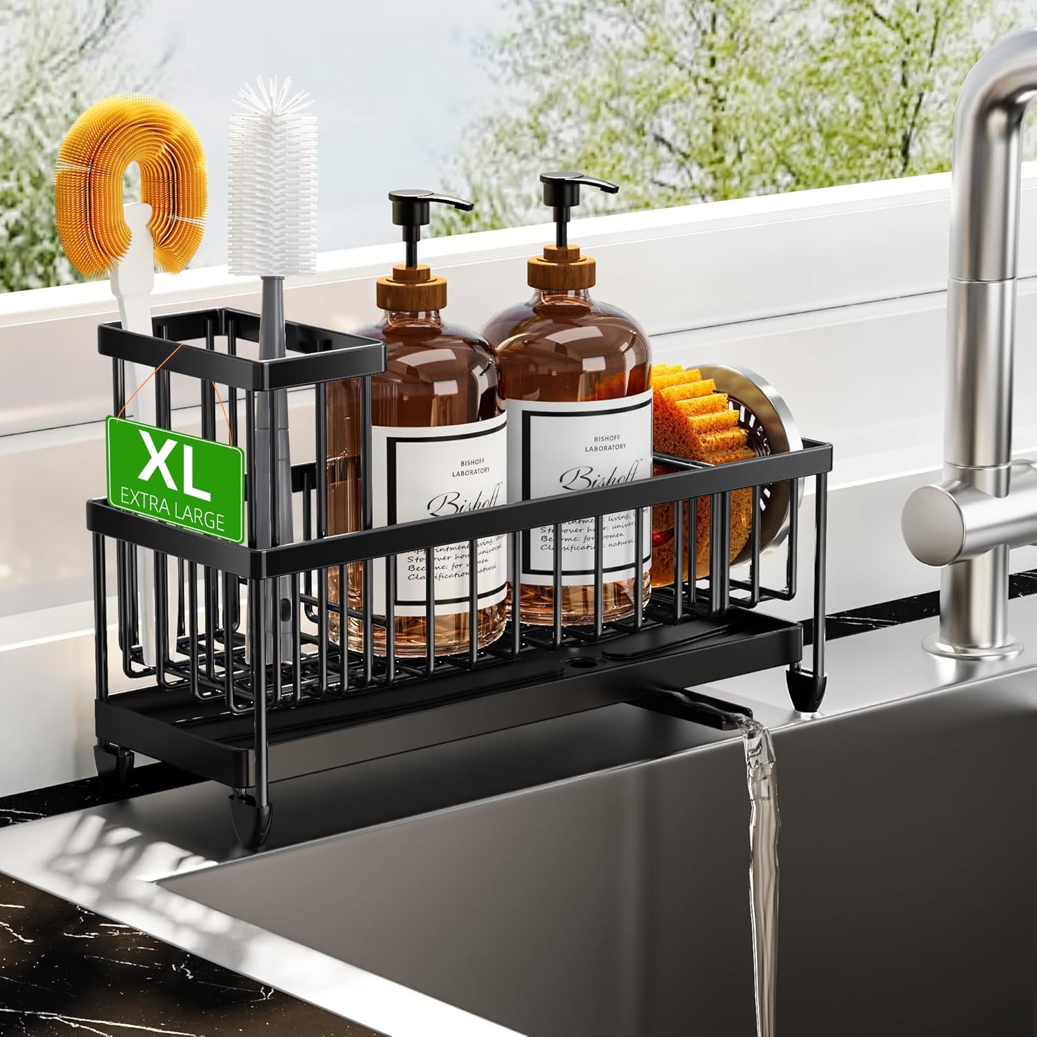 Cisily Black Sponge Holder for Kitchen Sink. Sink Caddy Organizer with High Brush Holder. Kitchen Countertop Organizers and Storage Essentials. Rustproof 304 Stainless Steel. Soap Dispenser Organize