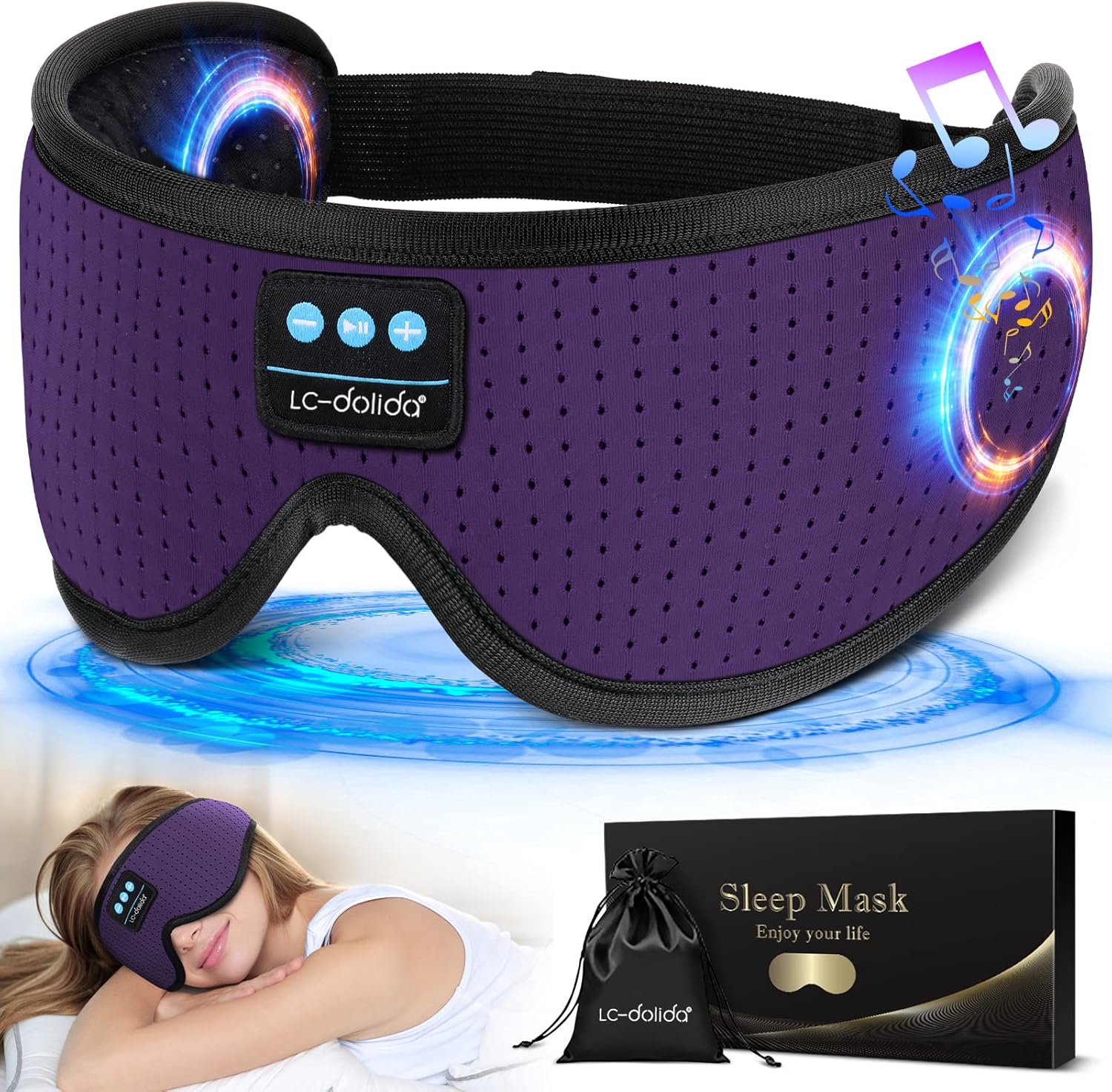 LC-dolida Sleep Headphones. 3D Sleep Mask Bluetooth Wireless Music Eye Mask. Sleeping Headphones for Side Sleepers Sleep Mask with Bluetooth Headphones Ultra-Thin Stereo Speakers Perfect for Sleeping