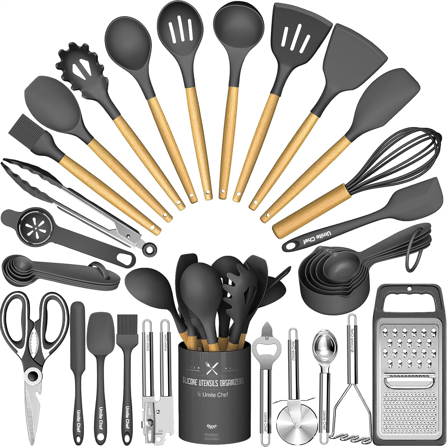 Umite Chef Silicone Kitchen Utensil Set. 34PCS Heat Resistant Kitchen Gadgets and Tools With Grater. Wood Handles for Nonstick Cookware