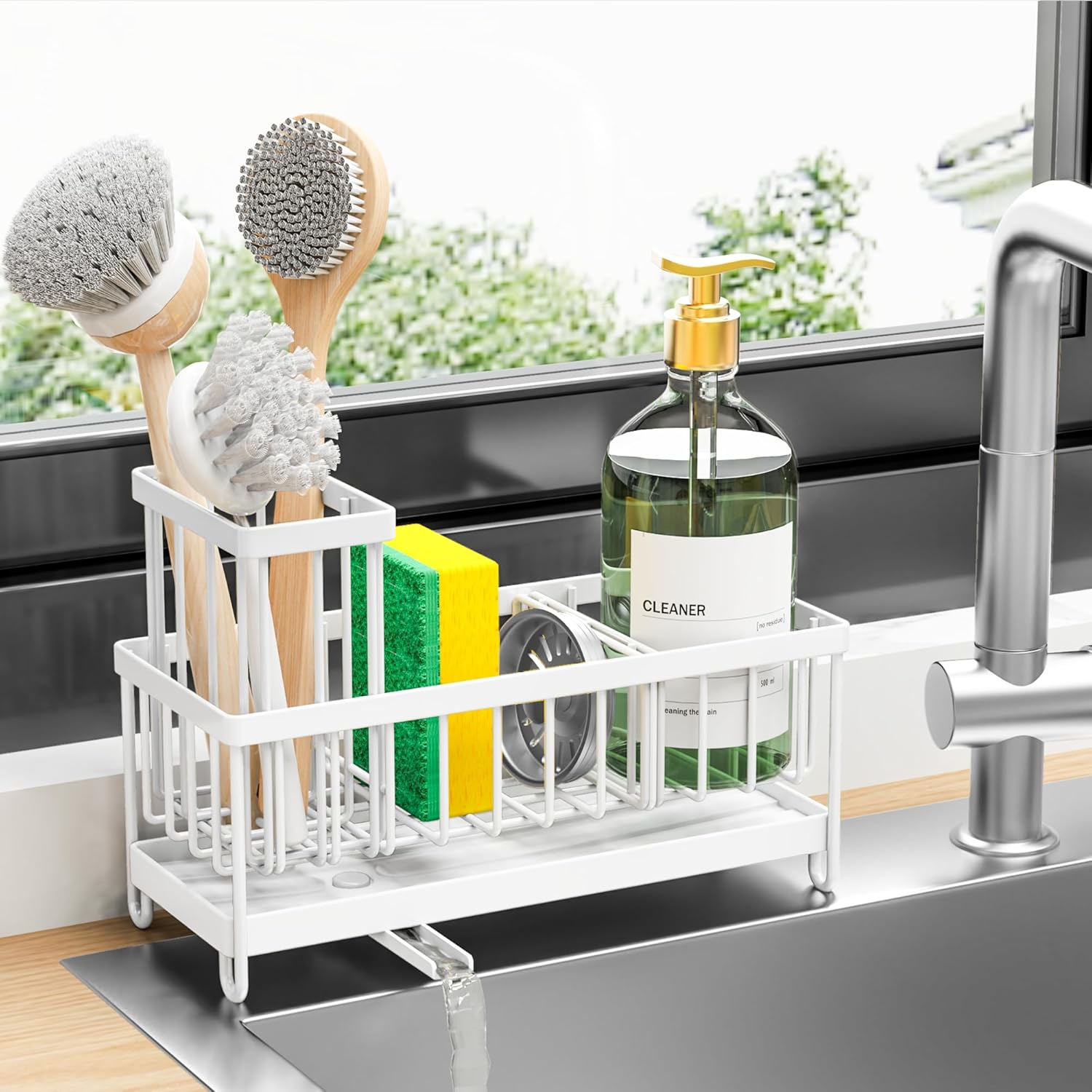 Cisily Black Sponge Holder for Kitchen Sink. Sink Caddy Organizer with High Brush Holder. Kitchen Countertop Organizers and Storage Essentials. Rustproof 304 Stainless Steel. Soap Dispenser Organize
