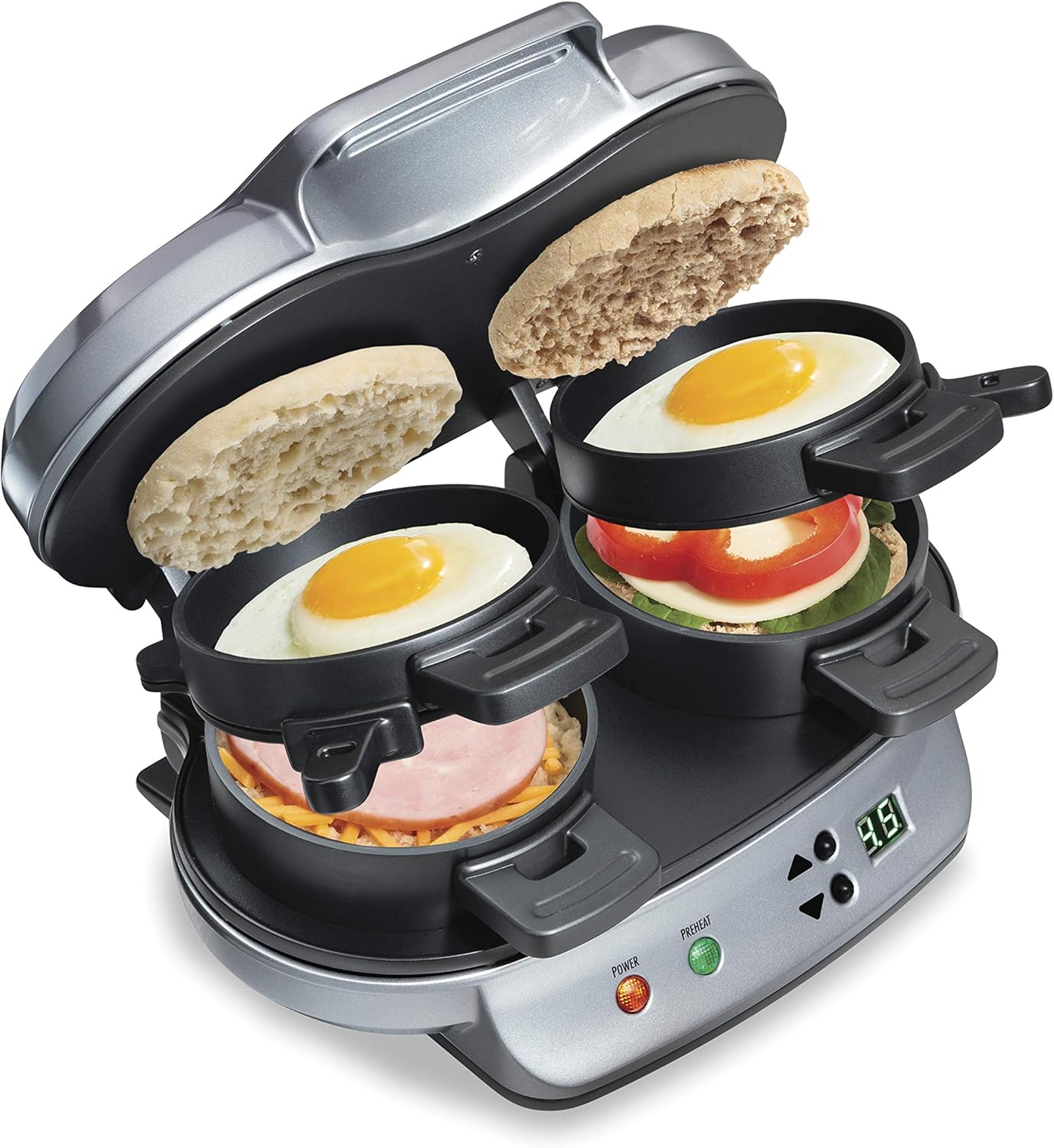 Hamilton Beach Dual Breakfast Sandwich Maker with Timer. Ready in 5 Minutes. Removable Dishwasher Safe PFAS-Free Non-Stick Egg Cooker Ring. Silver (25490MNA)