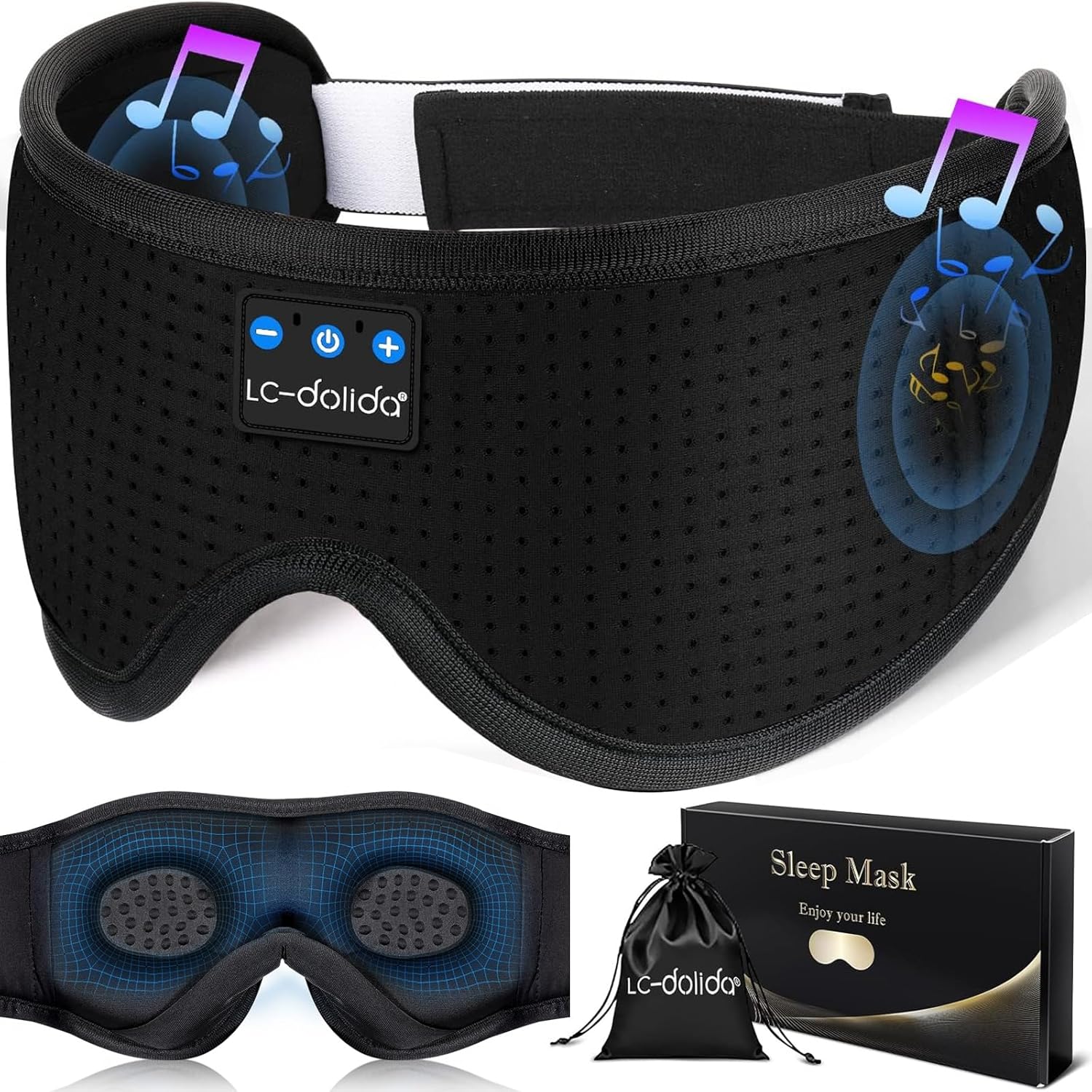 LC-dolida Sleep Headphones. 3D Sleep Mask Bluetooth Wireless Music Eye Mask. Sleeping Headphones for Side Sleepers Sleep Mask with Bluetooth Headphones Ultra-Thin Stereo Speakers Perfect for Sleeping