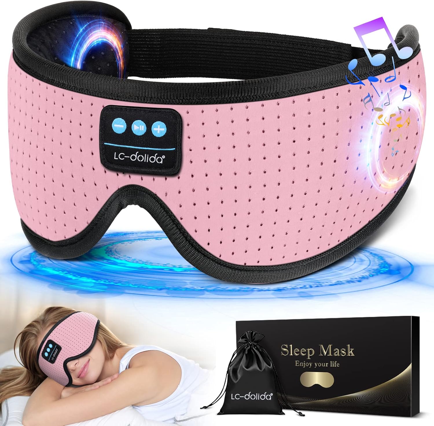 LC-dolida Sleep Headphones. 3D Sleep Mask Bluetooth Wireless Music Eye Mask. Sleeping Headphones for Side Sleepers Sleep Mask with Bluetooth Headphones Ultra-Thin Stereo Speakers Perfect for Sleeping