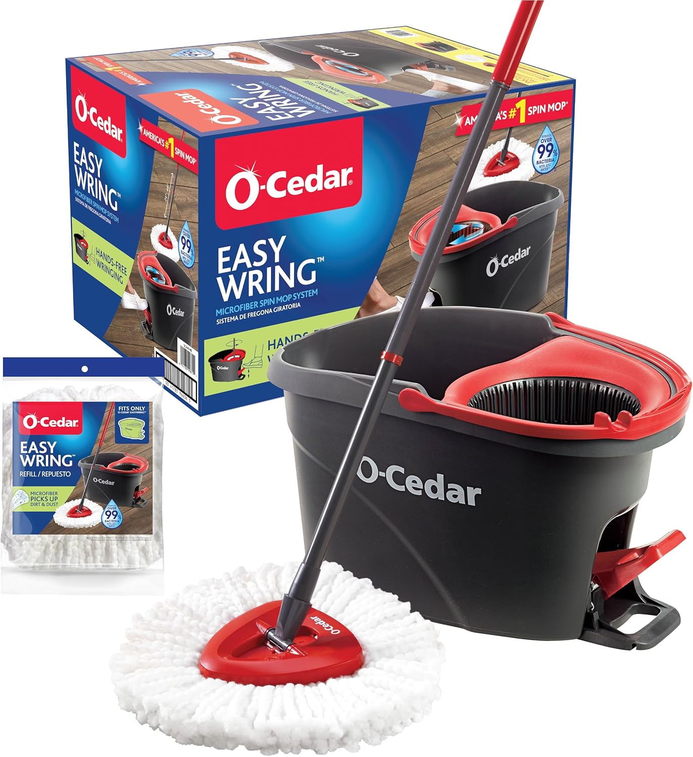 O-Cedar EasyWring Microfiber Spin Mop. Bucket Floor Cleaning System. Red. Gray. Standard