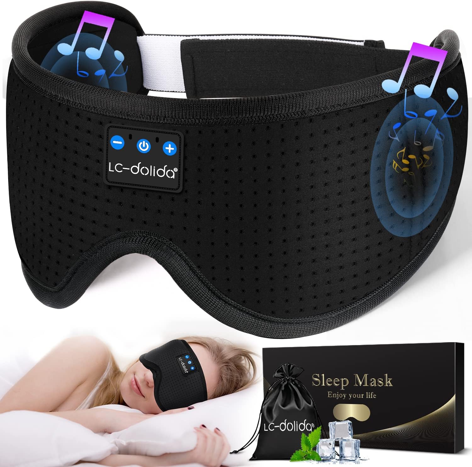 LC-dolida Sleep Headphones. 3D Sleep Mask Bluetooth Wireless Music Eye Mask. Sleeping Headphones for Side Sleepers Sleep Mask with Bluetooth Headphones Ultra-Thin Stereo Speakers Perfect for Sleeping